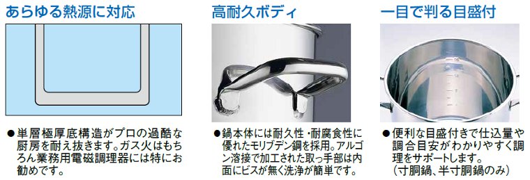 パワー・デンジ モリブデン鋼 寸胴鍋（目盛付）蓋別/業務用ＩＨ対応の