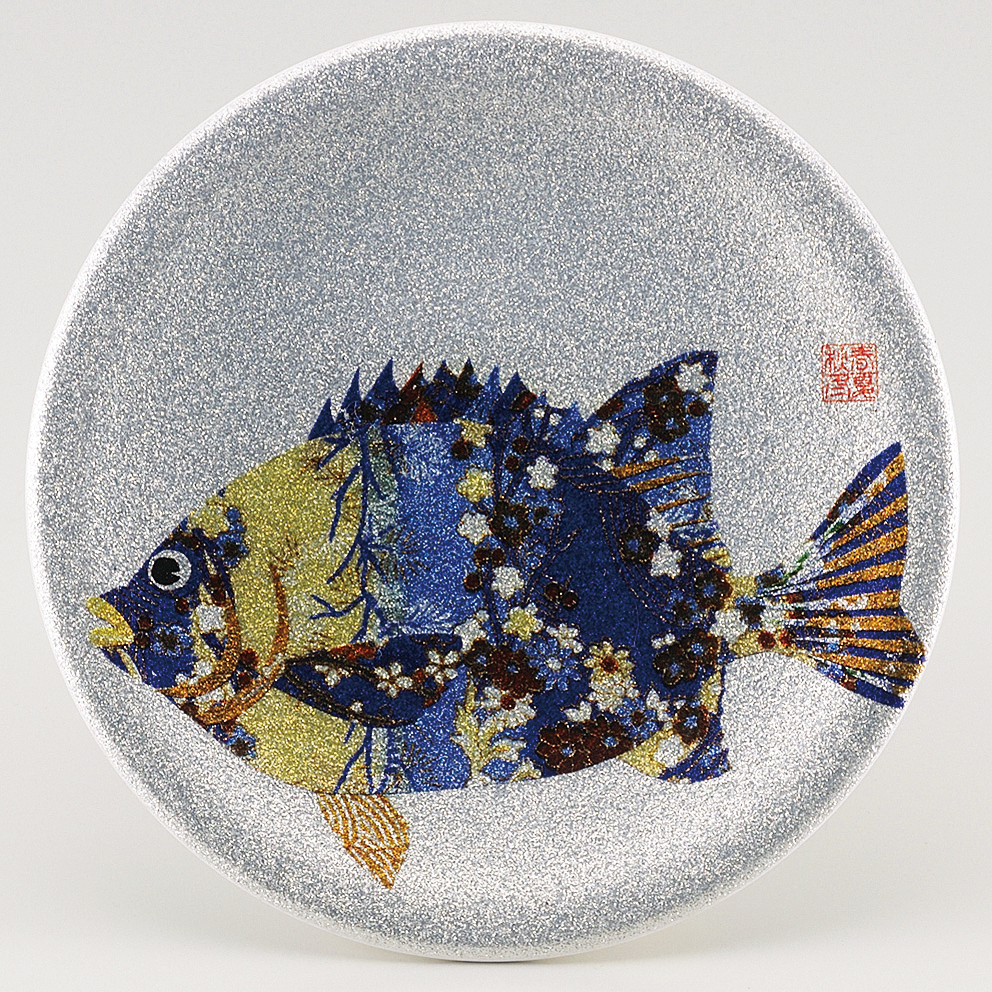 回転寿司皿 耐熱φ150 シルバーパール千代紙  石鯛