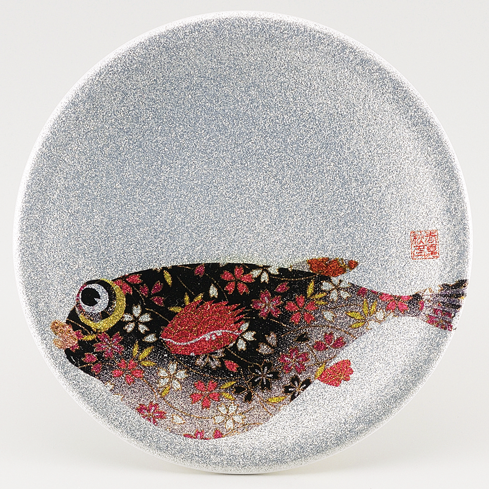 回転寿司皿 耐熱φ150 シルバーパール千代紙  フグ