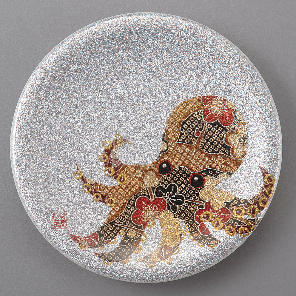 回転寿司皿 耐熱φ150 シルバーパール千代紙  タコ