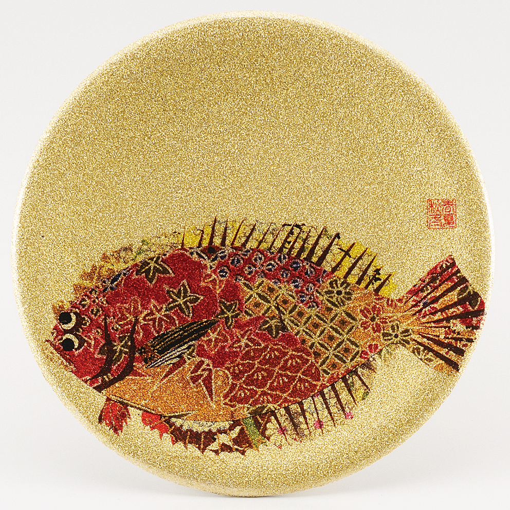 回転寿司皿 耐熱φ150 ゴールドパール千代紙  ヒラメ