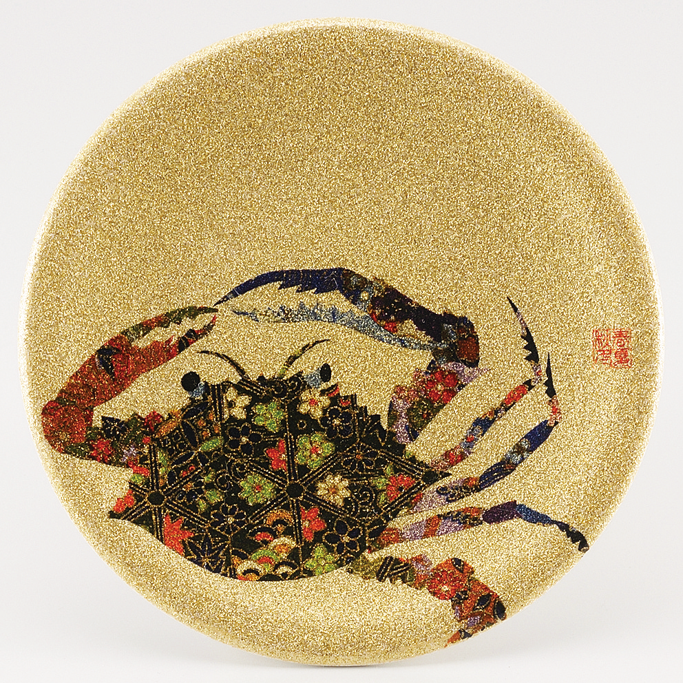 回転寿司皿 耐熱φ150 ゴールドパール千代紙  渡りカニ