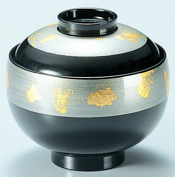 蓋付椀 3.1寸布袋椀 グレー金箔帯内黒